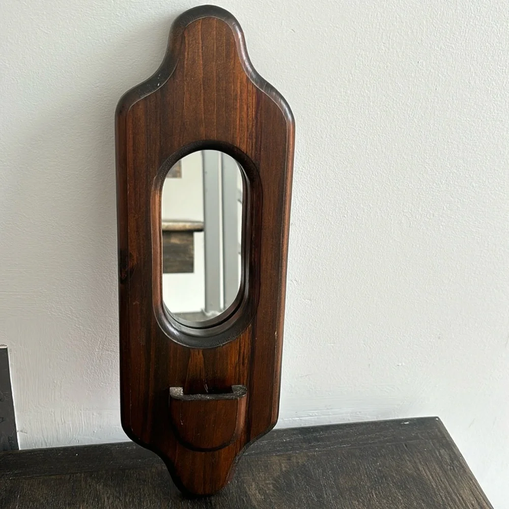 Vintage wood wall sconce with mirror, small nook to hold things, 15x5 inches